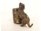 Small bronze match holder/pitonner in the shape of a cat in a barrel, signed 19th century