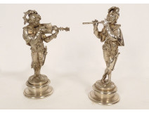 Pair of sculptures by Emile Guillemin depicting Renaissance musicians in silvered bronze, 19th century