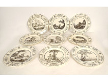 9 talking dessert plates, Creil Montereau earthenware, Fables of Fontaine, 19th century