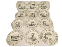 9 talking dessert plates, Creil Montereau earthenware, Fables of Fontaine, 19th century