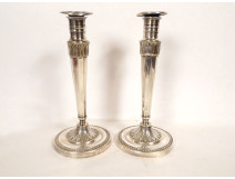 Pair of Empire silvered bronze candlesticks/torches with foliate egg-and-dart frieze, 19th century