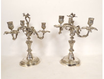 Pair of Louis XV style three-light candelabra in silvered bronze and rocaille style, 19th century