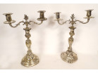 Paire candélabres 2 feux Louis XV bronze argenté rocaille bougeoirs XVIIIè