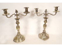 Pair of Louis XV style three-light candelabra in silvered bronze and rocaille style, 19th century