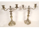 Pair of Louis XV style three-light candelabra in silvered bronze and rocaille style, 19th century