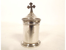Ointment pot, oil ampoule, Holy Bone, solid silver, Minerva cross, 19th century