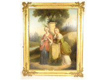 Large oil painting of two women, 18th century, romantic letter, 19th century stuccoed frame