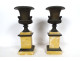 Pair of Medici marble cassolettes with Siena bronze lion vases, 19th century Restoration period