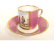 Porcelain cup and saucer depicting a Parisian scene with figures, gentleman, and dog, 19th century