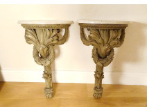 Pair of wall-mounted consoles/pedestals in carved wood and white marble, 18th century