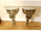 Pair of wall-mounted consoles/pedestals in carved wood and white marble, 18th century