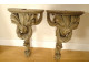 Pair of wall-mounted consoles/pedestals in carved wood and white marble, 18th century