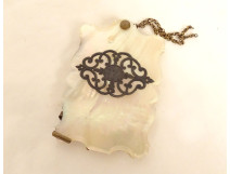 Mother-of-pearl and silver-plated metal dance card with flowers and foliage, Napoleon III period, 19th century