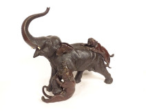 Bronze sculpture of elephant and tigers by Omori Mitsumoto Kogen, Meiji period, Japan, 19th century