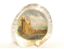 Painted mother-of-pearl shell, fisherman, cross, boats, souvenir, seaside, 19th century