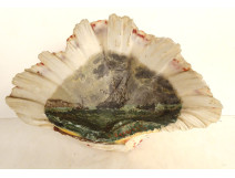 Painted mother-of-pearl shell, giant clam, ship, storm, seaside, E. Bataille, 19th century