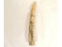 Scrimshaw, walrus tooth, ivory, marine engraving, fishing, sperm whale, anchor, fisherman, 19th century