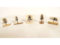5 small scrimshaw plaques, stag horn, sailboats, boats, ship, 20th century souvenir