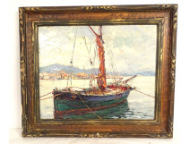 HSP marine painting by Andr&eacute; B&eacute;ronneau, boat, port of Saint-Tropez, Provence, 20th century