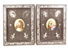 Pair of miniature porcelain Virgin and Child Christ in mother-of-pearl wood frames, 19th century