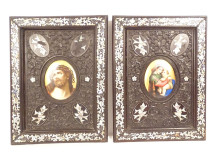 Pair of miniature porcelain Virgin and Child Christ in mother-of-pearl wood frames, 19th century
