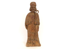 Small carved wooden statue of the Breton saint Saint-Herv&eacute;, wolf, Brittany, 19th century