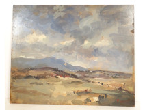 HSC painting, cloudy landscape, countryside, hills, signed marine painter, 20th century