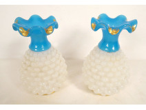 Pair of white and blue opaline Baccarat pineapple vases with gilt decoration, Napoleon III period, 19th century