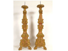 Paire grands pique-cierges bougeoirs église bois sculpté doré fleurs XVIIIè