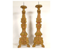 Pair of large church candlesticks, carved and gilded wood with flowers, 18th century