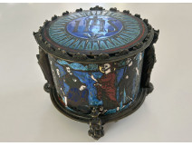 Pyxis box for communion wafers, bronze cloisonn&eacute; enamel Limoges, Bible figures, 19th century