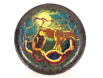 Large decorative earthenware dish by Quimper Keraluc Ren&eacute; le Rouzic, featuring owls, 20th century
