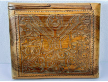 Ottoman Turkish snuffbox, carved wood, mosque, trophy of arms, stars, 19th century