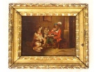 Small oil painting on canvas, humorous scene with a learned monkey and dogs, gilt frame, 19th century