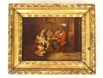 Small oil painting on canvas, humorous scene with a learned monkey and dogs, gilt frame, 19th century