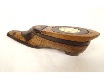 Snuffbox, shoe, carved wood, medallion portrait, Folk Art, 19th century