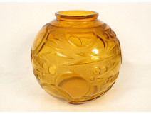 Amber-colored glass ball vase with geometric patterns in the style of Sabino, Art Deco, 20th century