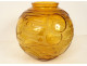 Amber-colored glass ball vase with geometric patterns in the style of Sabino, Art Deco, 20th century