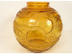 Amber-colored glass ball vase with geometric patterns in the style of Sabino, Art Deco, 20th century