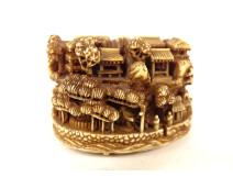 Carved ivory netsuke signed Kagetoshi miniature village temple Edo Japan 19th century