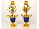 Pair of Louis XVI style candlesticks, blue crystal vases, gilt bronze, pink flowers, 18th century