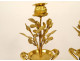 Pair of Louis XVI style candlesticks, blue crystal vases, gilt bronze, pink flowers, 18th century