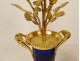 Pair of Louis XVI style candlesticks, blue crystal vases, gilt bronze, pink flowers, 18th century