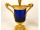 Pair of Louis XVI style candlesticks, blue crystal vases, gilt bronze, pink flowers, 18th century