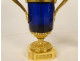 Pair of Louis XVI style candlesticks, blue crystal vases, gilt bronze, pink flowers, 18th century