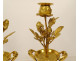Pair of Louis XVI style candlesticks, blue crystal vases, gilt bronze, pink flowers, 18th century