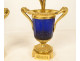Pair of Louis XVI style candlesticks, blue crystal vases, gilt bronze, pink flowers, 18th century