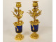 Pair of Louis XVI style candlesticks, blue crystal vases, gilt bronze, pink flowers, 18th century