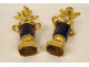 Pair of Louis XVI style candlesticks, blue crystal vases, gilt bronze, pink flowers, 18th century