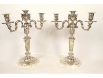 Pair of Louis XVI three-light candelabra, silver-plated metal candlesticks with knots, 18th century